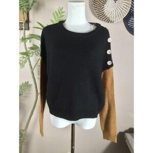 Rue21 Womens Colorblock Knit‎ Sweater Black Grey Yellow Button Shoulder Size M